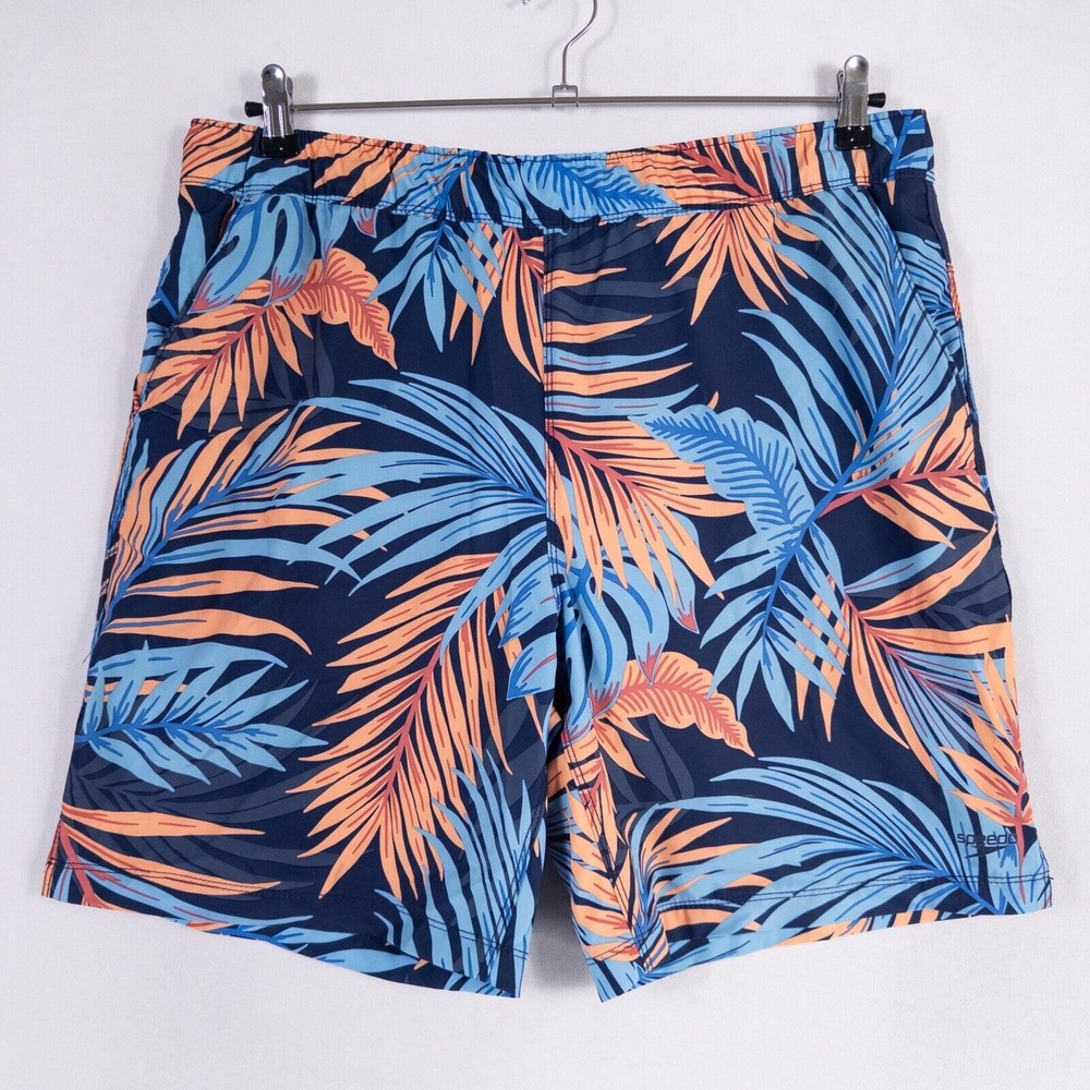 Speedo Men's Swim Trunks Like New - Navy and Coral Leaf Print luxury material Lg